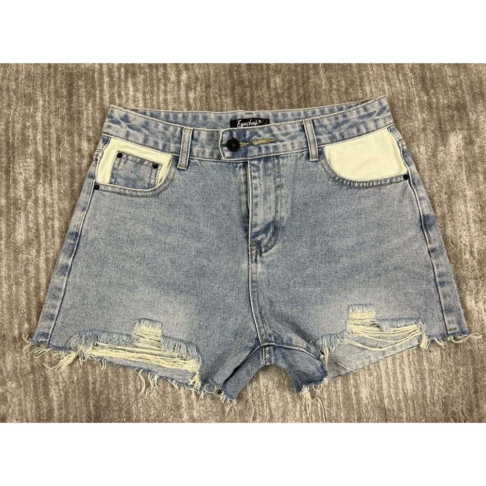 Eyeshock Denim Shorts Womens 32 Blue Distressed High Rise Cut Off Frayed Hem
